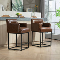 Set of 2 Modern Square Back Bar Stools with Black Metal Frame for Kitchen Island and Pub Brown PU Upholstered Seat