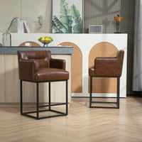 Set of 2 Modern Square Back Bar Stools with Black Metal Frame for Kitchen Island and Pub Brown PU Upholstered Seat
