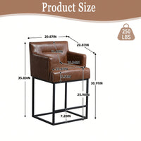Set of 2 Modern Square Back Bar Stools with Black Metal Frame for Kitchen Island and Pub Brown PU Upholstered Seat