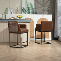 Set of 2 Modern Square Back Bar Stools with Black Metal Frame for Kitchen Island and Pub Brown PU Upholstered Seat