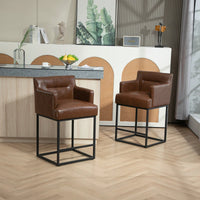 Set of 2 Modern Square Back Bar Stools with Black Metal Frame for Kitchen Island and Pub Brown PU Upholstered Seat