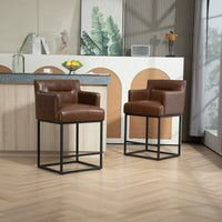 Set of 2 Modern Square Back Bar Stools with Black Metal Frame for Kitchen Island and Pub Brown PU Upholstered Seat