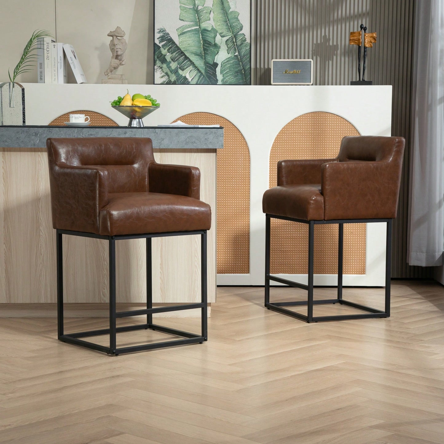 Set of 2 Modern Square Back Bar Stools with Black Metal Frame for Kitchen Island and Pub Brown PU Upholstered Seat