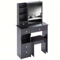 Compact Vanity Table Set with Cushioned Stool and Oversized Mirror for Small Spaces Multi-Layer Storage Certified