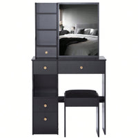 Compact Vanity Table Set with Cushioned Stool and Oversized Mirror for Small Spaces Multi-Layer Storage Certified