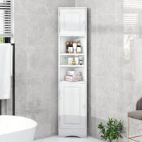 Multi-Functional Tall Corner Bathroom Storage Cabinet With Two Doors, Adjustable Shelves, And Open Shelf - Elegant White Finish