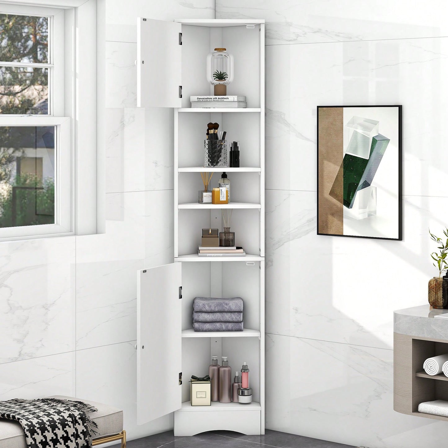 Multi-Functional Tall Corner Bathroom Storage Cabinet With Two Doors, Adjustable Shelves, And Open Shelf - Elegant White Finish