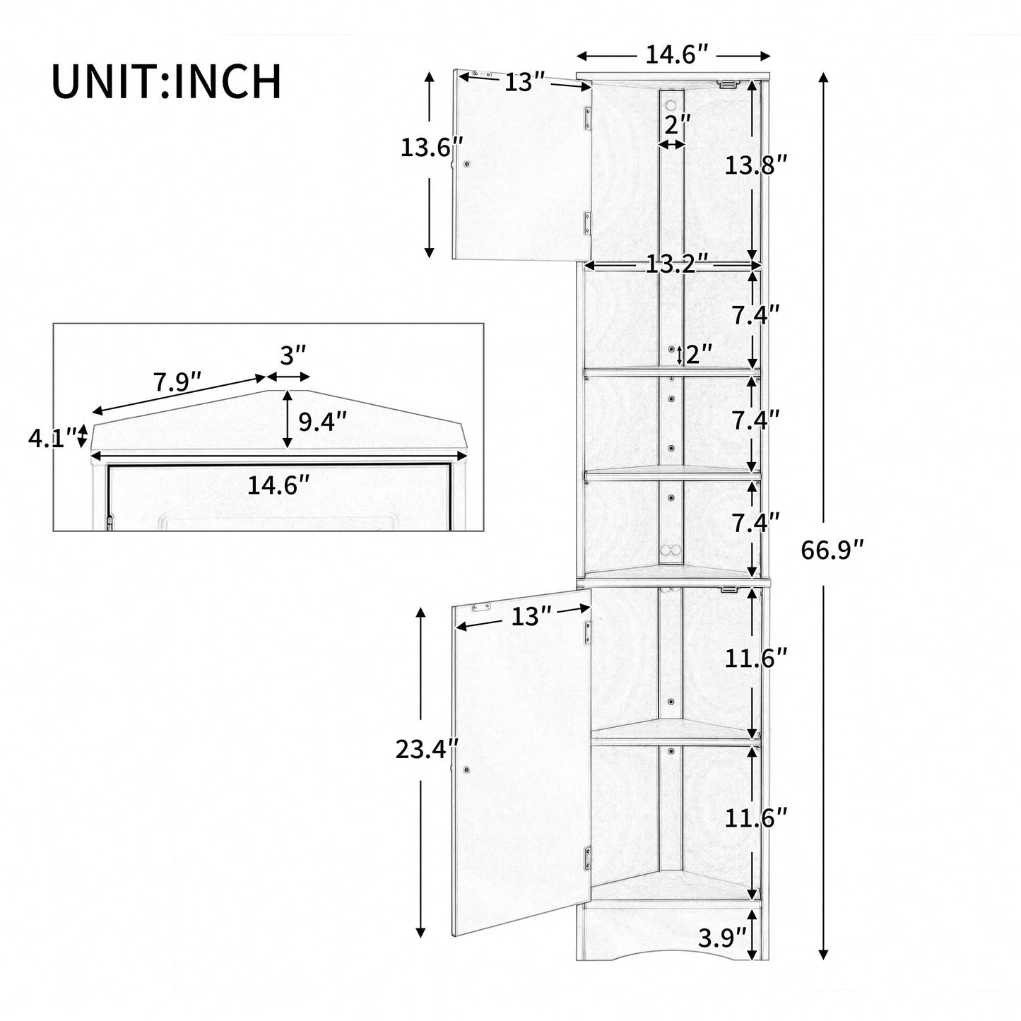 Multi-Functional Tall Corner Bathroom Storage Cabinet With Two Doors, Adjustable Shelves, And Open Shelf - Elegant White Finish