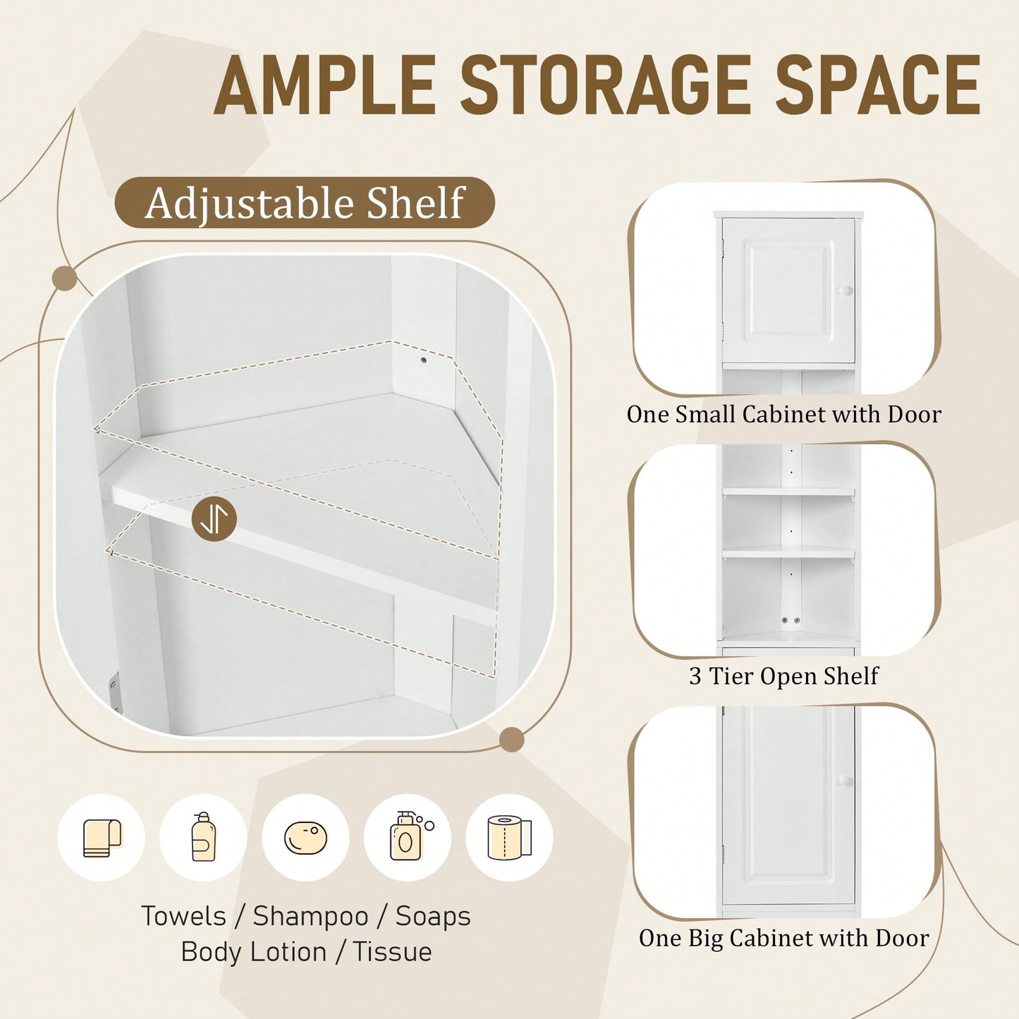 Multi-Functional Tall Corner Bathroom Storage Cabinet With Two Doors, Adjustable Shelves, And Open Shelf - Elegant White Finish