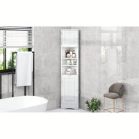 Multi-Functional Tall Corner Bathroom Storage Cabinet With Two Doors, Adjustable Shelves, And Open Shelf - Elegant White Finish