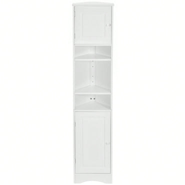 Multi-Functional Tall Corner Bathroom Storage Cabinet With Two Doors, Adjustable Shelves, And Open Shelf - Elegant White Finish