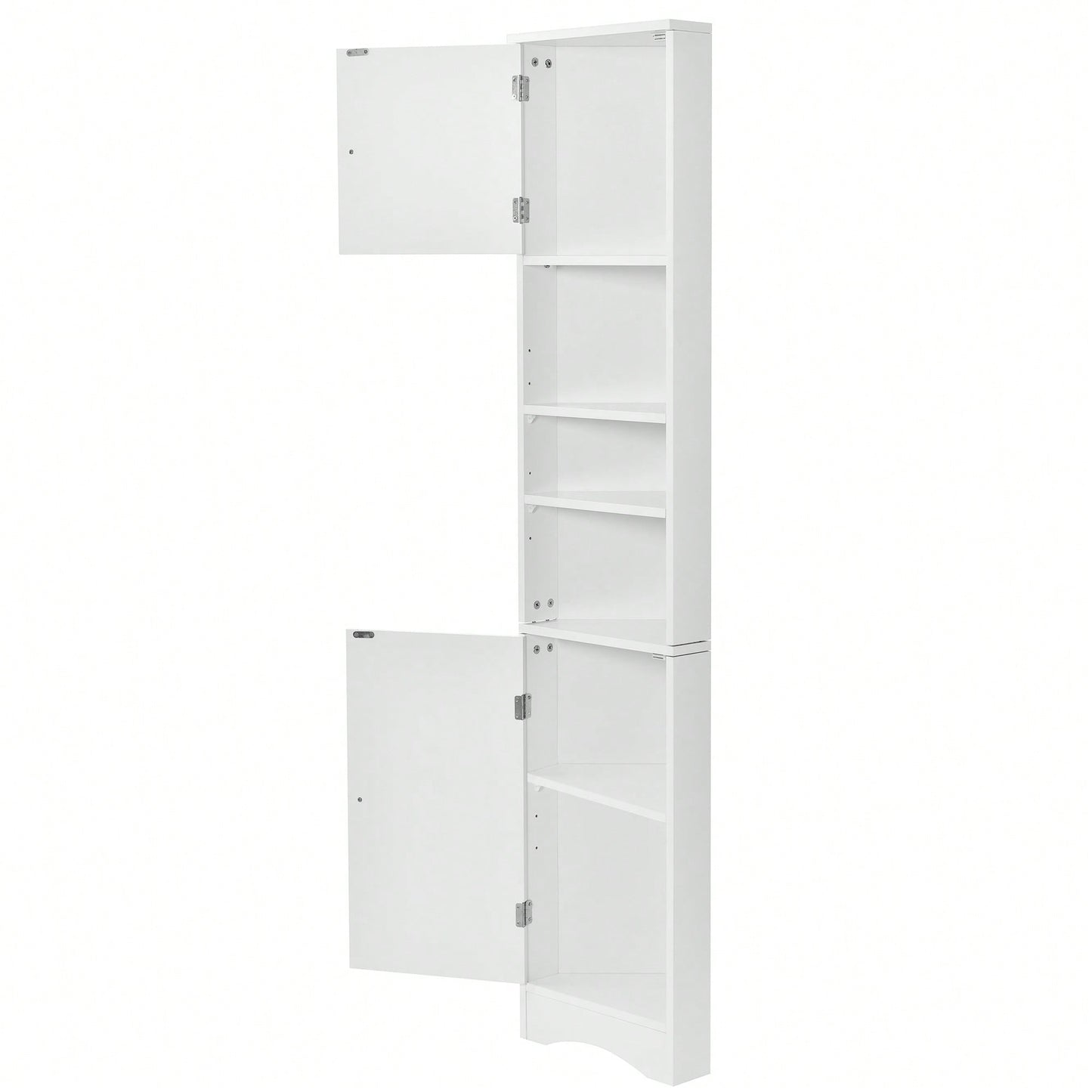 Multi-Functional Tall Corner Bathroom Storage Cabinet With Two Doors, Adjustable Shelves, And Open Shelf - Elegant White Finish