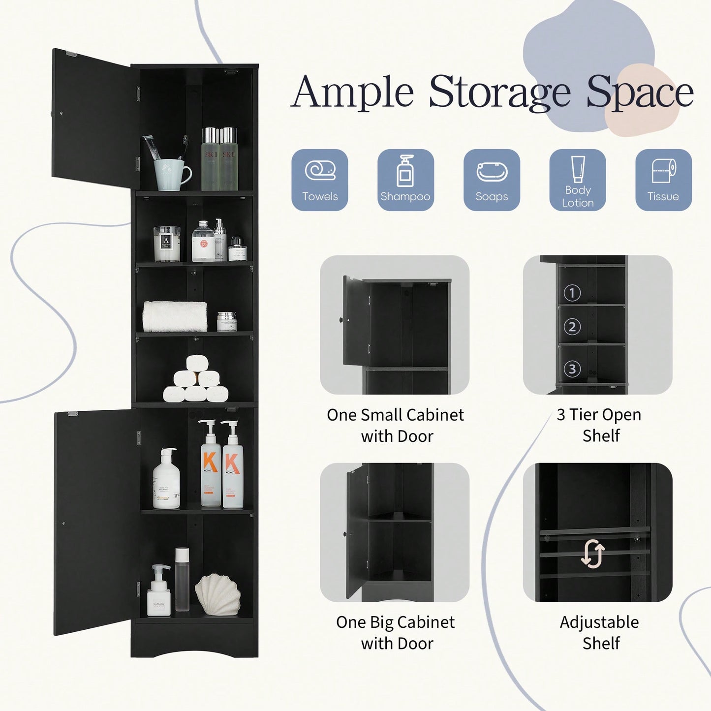 Multi-Functional Tall Corner Bathroom Storage Cabinet With Two Doors, Adjustable Shelves, And Open Shelf - Elegant White Finish