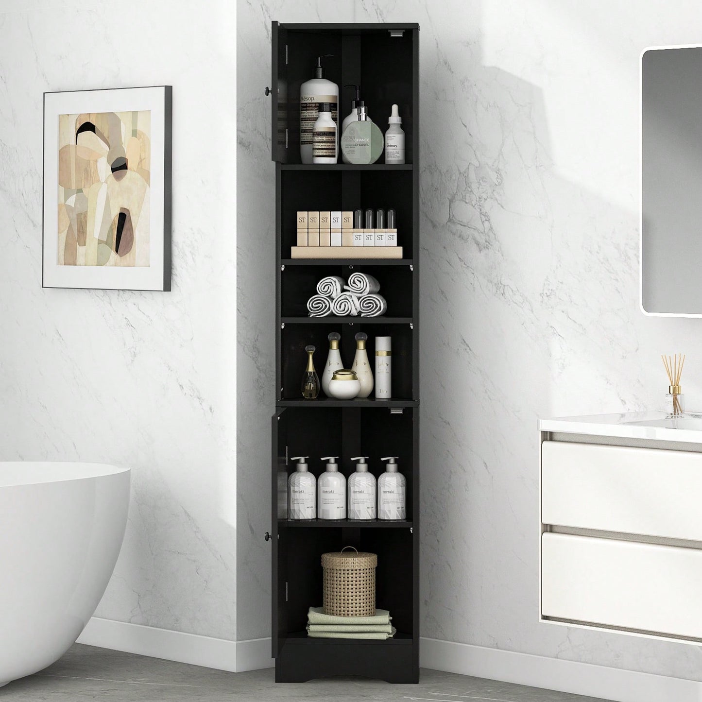 Multi-Functional Tall Corner Bathroom Storage Cabinet With Two Doors, Adjustable Shelves, And Open Shelf - Elegant White Finish