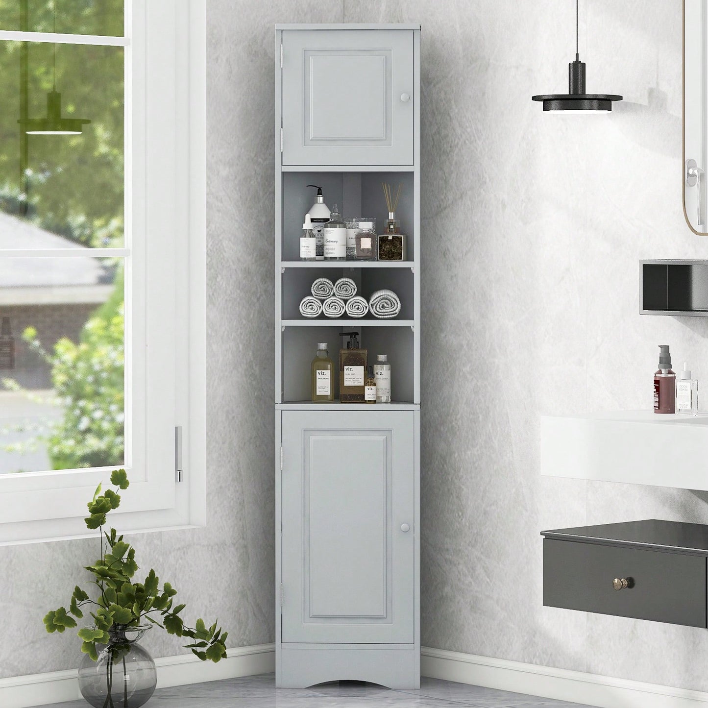 Multi-Functional Tall Corner Bathroom Storage Cabinet With Two Doors, Adjustable Shelves, And Open Shelf - Elegant White Finish