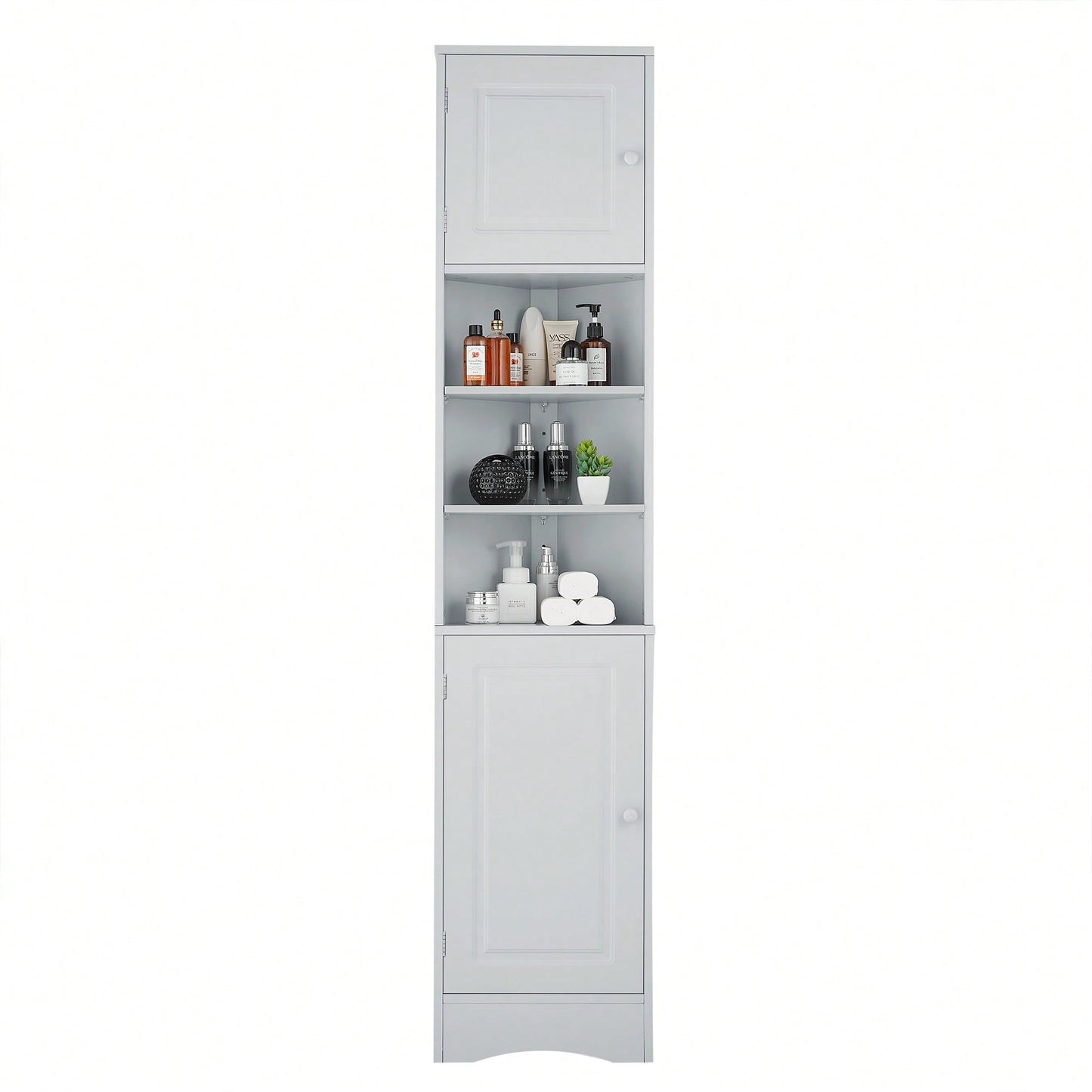 Multi-Functional Tall Corner Bathroom Storage Cabinet With Two Doors, Adjustable Shelves, And Open Shelf - Elegant White Finish