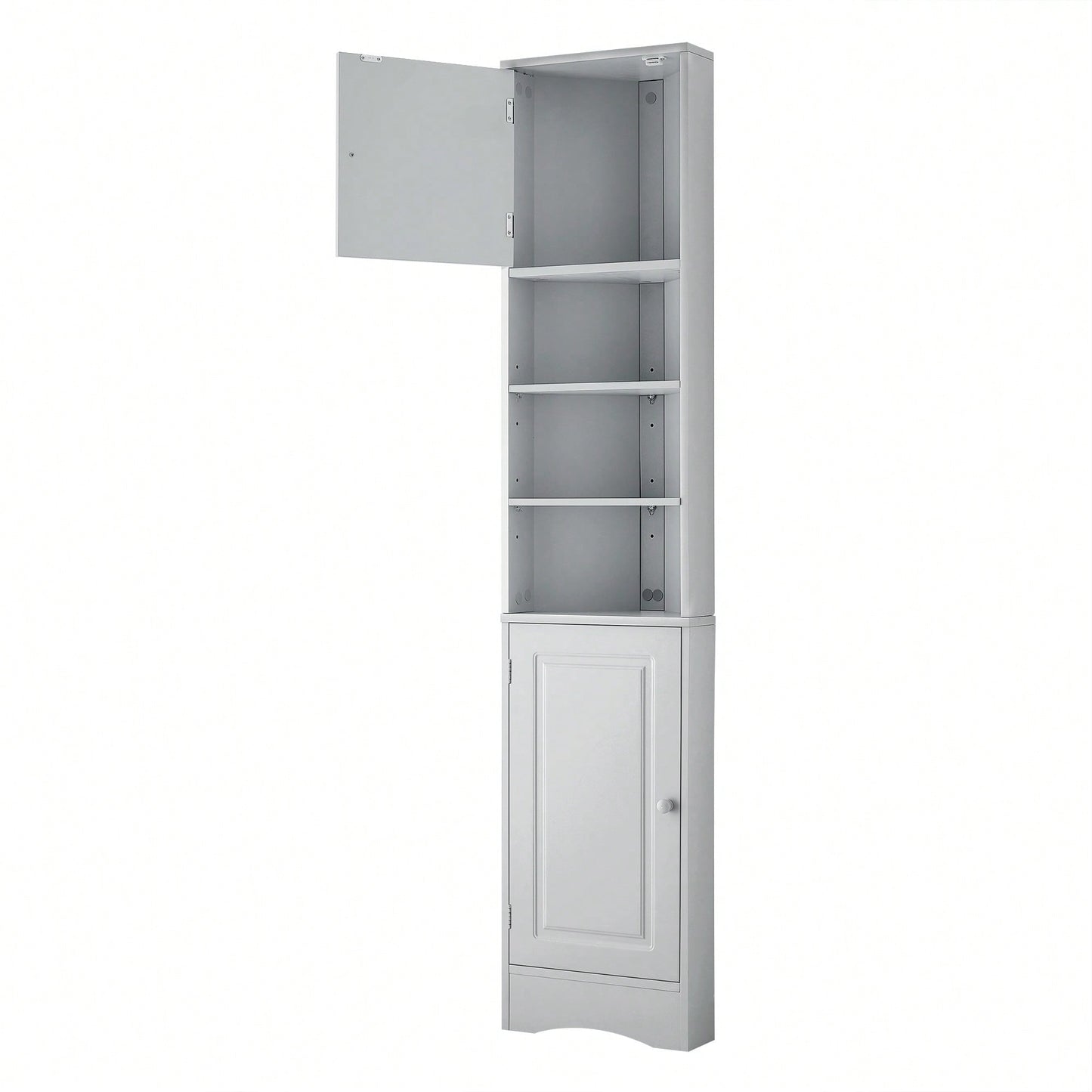 Multi-Functional Tall Corner Bathroom Storage Cabinet With Two Doors, Adjustable Shelves, And Open Shelf - Elegant White Finish