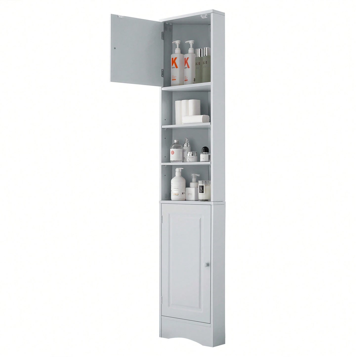 Multi-Functional Tall Corner Bathroom Storage Cabinet With Two Doors, Adjustable Shelves, And Open Shelf - Elegant White Finish