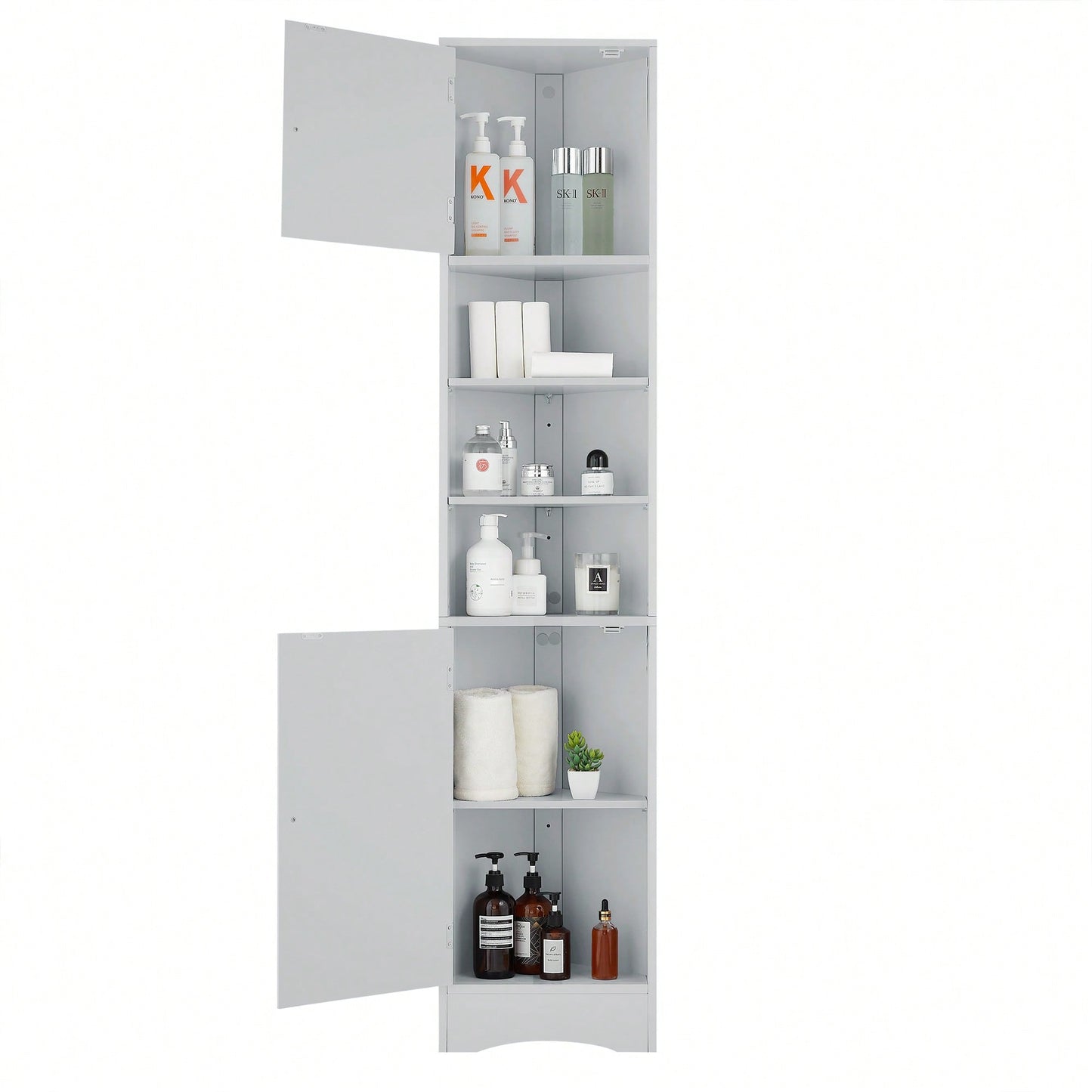 Multi-Functional Tall Corner Bathroom Storage Cabinet With Two Doors, Adjustable Shelves, And Open Shelf - Elegant White Finish