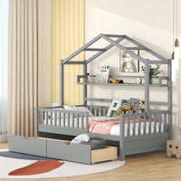 Cozy Twin Size Wooden House Bed With Storage Drawers And Shelf For Kids - Gray Design