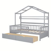 Cozy Twin Size Wooden House Bed With Storage Drawers And Shelf For Kids - Gray Design