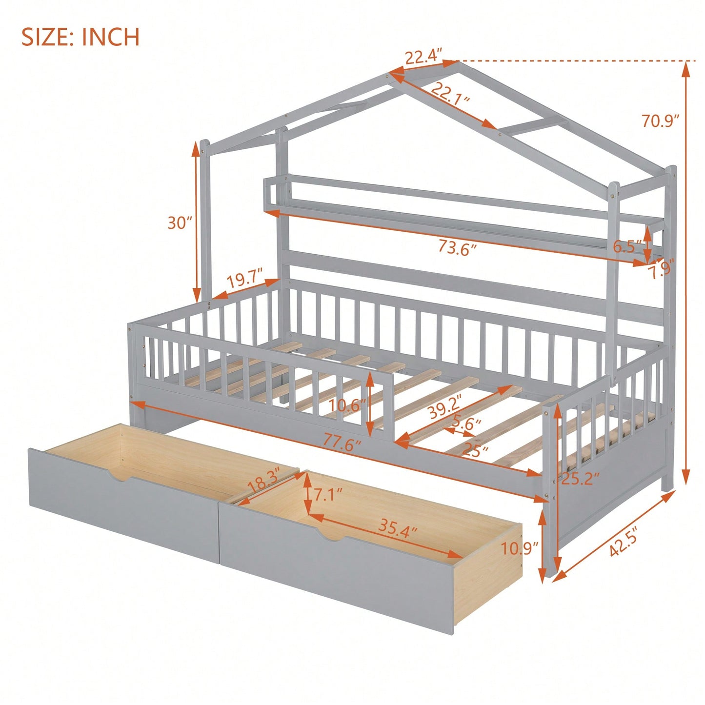 Cozy Twin Size Wooden House Bed With Storage Drawers And Shelf For Kids - Gray Design