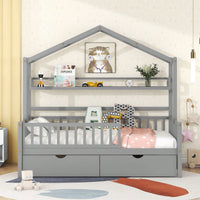 Cozy Twin Size Wooden House Bed With Storage Drawers And Shelf For Kids - Gray Design