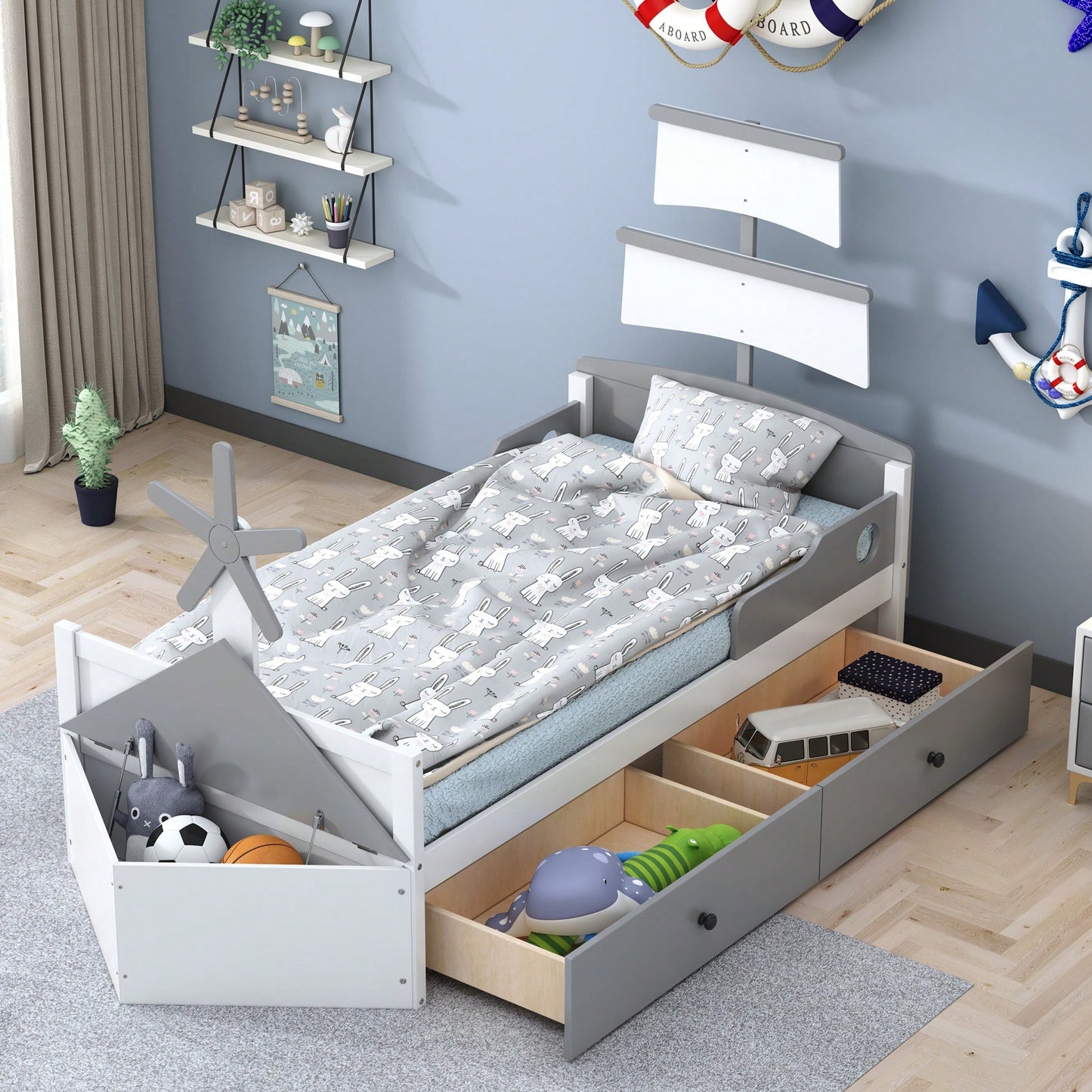 Stylish Twin Size Boat-Shaped Platform Bed With Storage Drawers - Gray Bedroom Furniture Solution