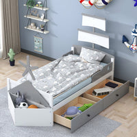 Stylish Twin Size Boat-Shaped Platform Bed With Storage Drawers - Gray Bedroom Furniture Solution