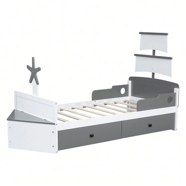 Stylish Twin Size Boat-Shaped Platform Bed With Storage Drawers - Gray Bedroom Furniture Solution