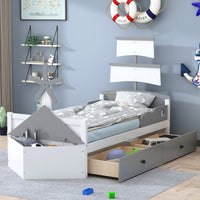 Stylish Twin Size Boat-Shaped Platform Bed With Storage Drawers - Gray Bedroom Furniture Solution