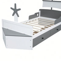 Stylish Twin Size Boat-Shaped Platform Bed With Storage Drawers - Gray Bedroom Furniture Solution