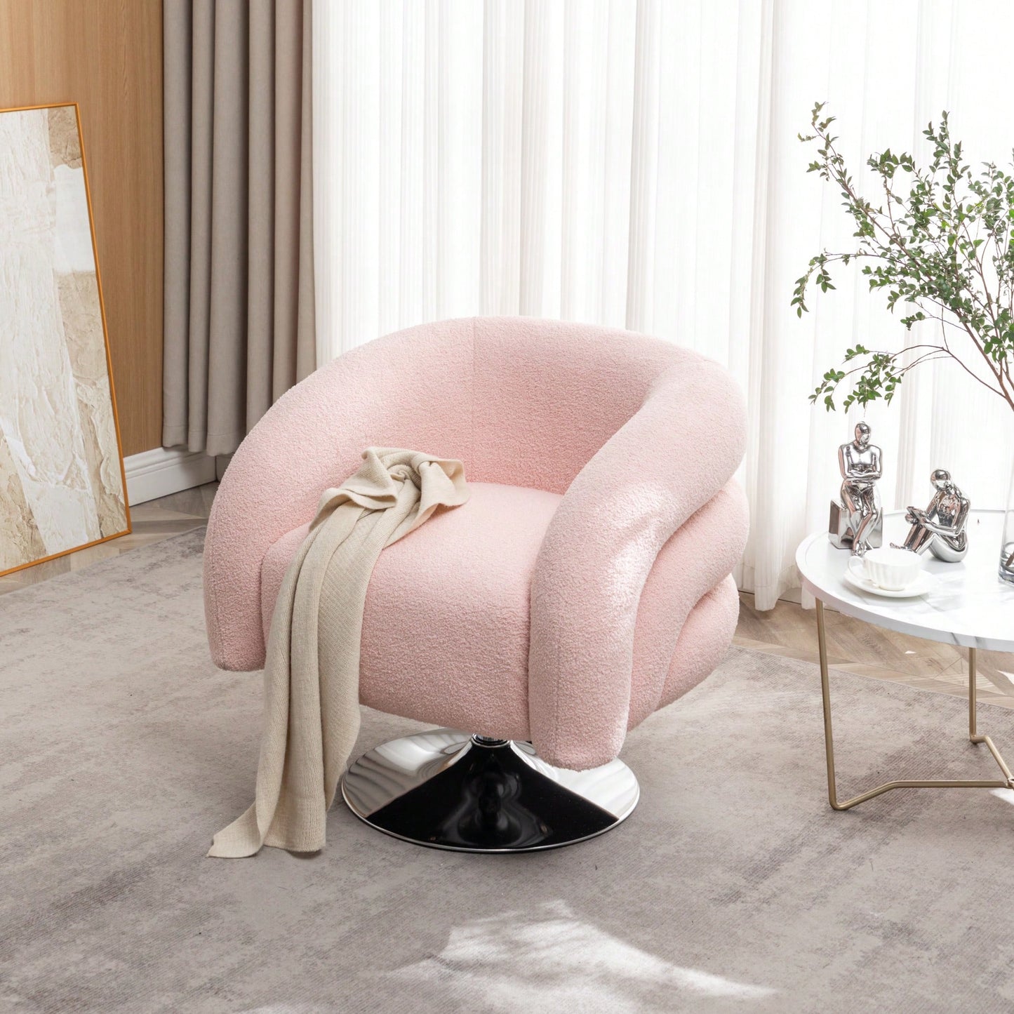 Contemporary Pink Swivel Sofa Chair - Plush Teddy Upholstered Reading Chair For Living Room, Bedroom, Or Cozy Corner