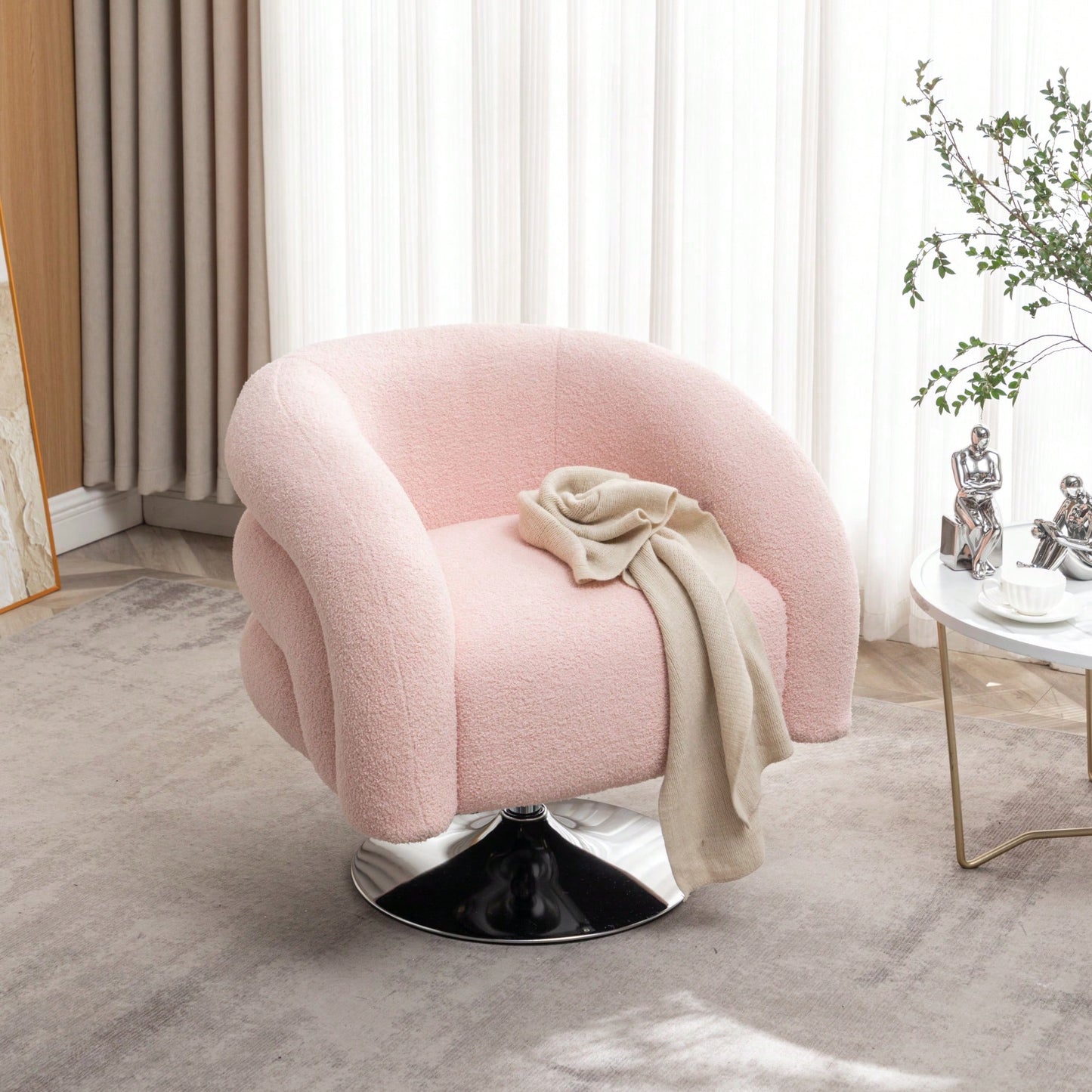 Contemporary Pink Swivel Sofa Chair - Plush Teddy Upholstered Reading Chair For Living Room, Bedroom, Or Cozy Corner