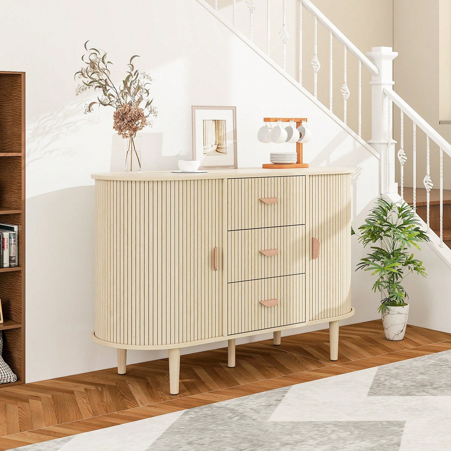 Modern Sideboard Buffet Storage Cabinet With Tambour Doors, 3 Drawers, And 2 Doors - Stylish Accent Cabinet For Living And Dining Rooms