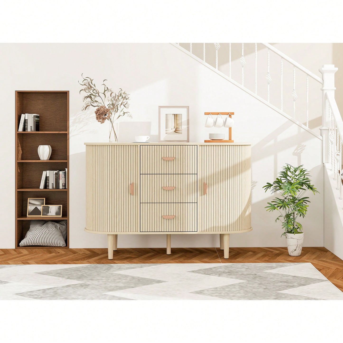 Modern Sideboard Buffet Storage Cabinet With Tambour Doors, 3 Drawers, And 2 Doors - Stylish Accent Cabinet For Living And Dining Rooms