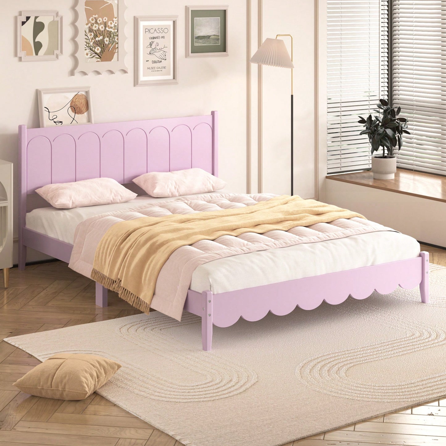 Retro Pink Queen Size Wood Platform Bed Frame With Rectangular Headboard – No Box Spring Needed