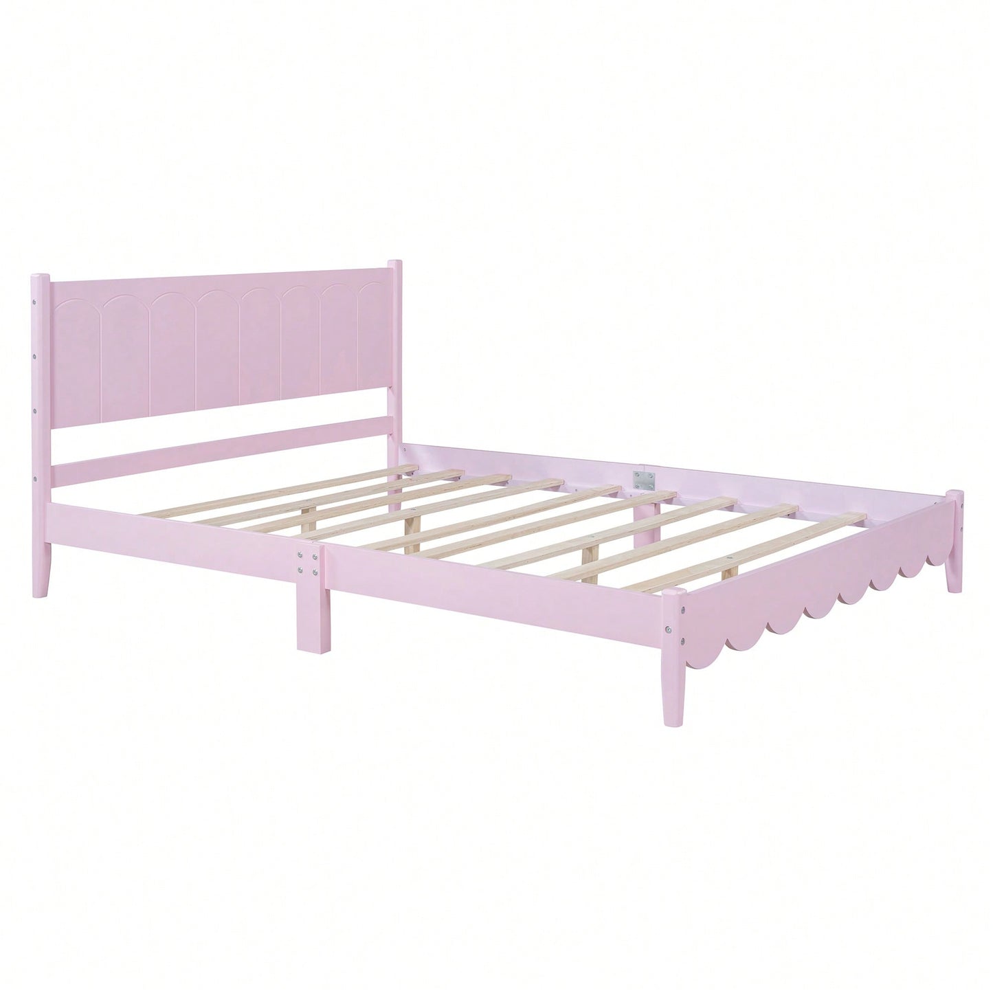 Retro Pink Queen Size Wood Platform Bed Frame With Rectangular Headboard – No Box Spring Needed