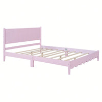 Retro Pink Queen Size Wood Platform Bed Frame With Rectangular Headboard – No Box Spring Needed