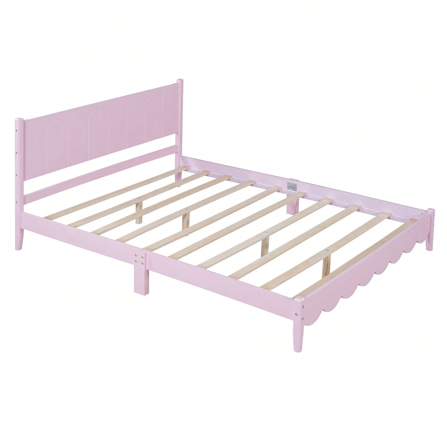 Retro Pink Queen Size Wood Platform Bed Frame With Rectangular Headboard – No Box Spring Needed