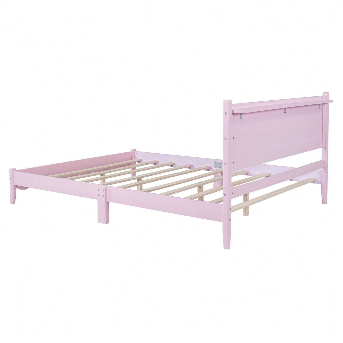 Retro Pink Queen Size Wood Platform Bed Frame With Rectangular Headboard – No Box Spring Needed