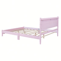 Retro Pink Queen Size Wood Platform Bed Frame With Rectangular Headboard – No Box Spring Needed