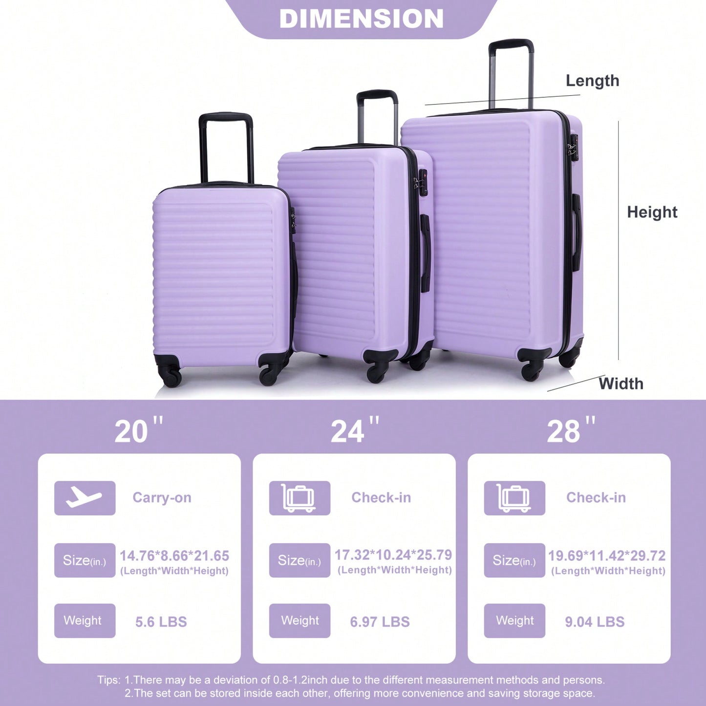 Lightweight 3-Piece ABS Luggage Set With Spinner Wheels And TSA Lock - Lavender Purple Travel Case (20/24/28)