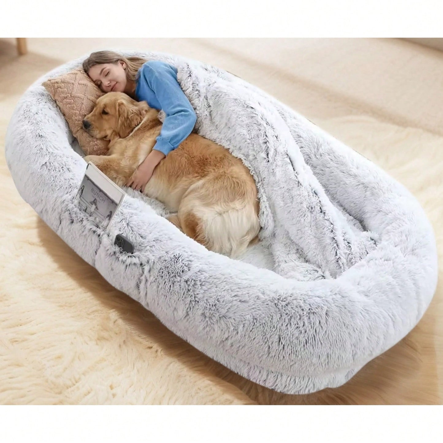 71''x40''x12'' Washable Faux Fur Human And Dog Bed - Orthopedic Comfort For Napping And Relaxing - Stylish Grey Design