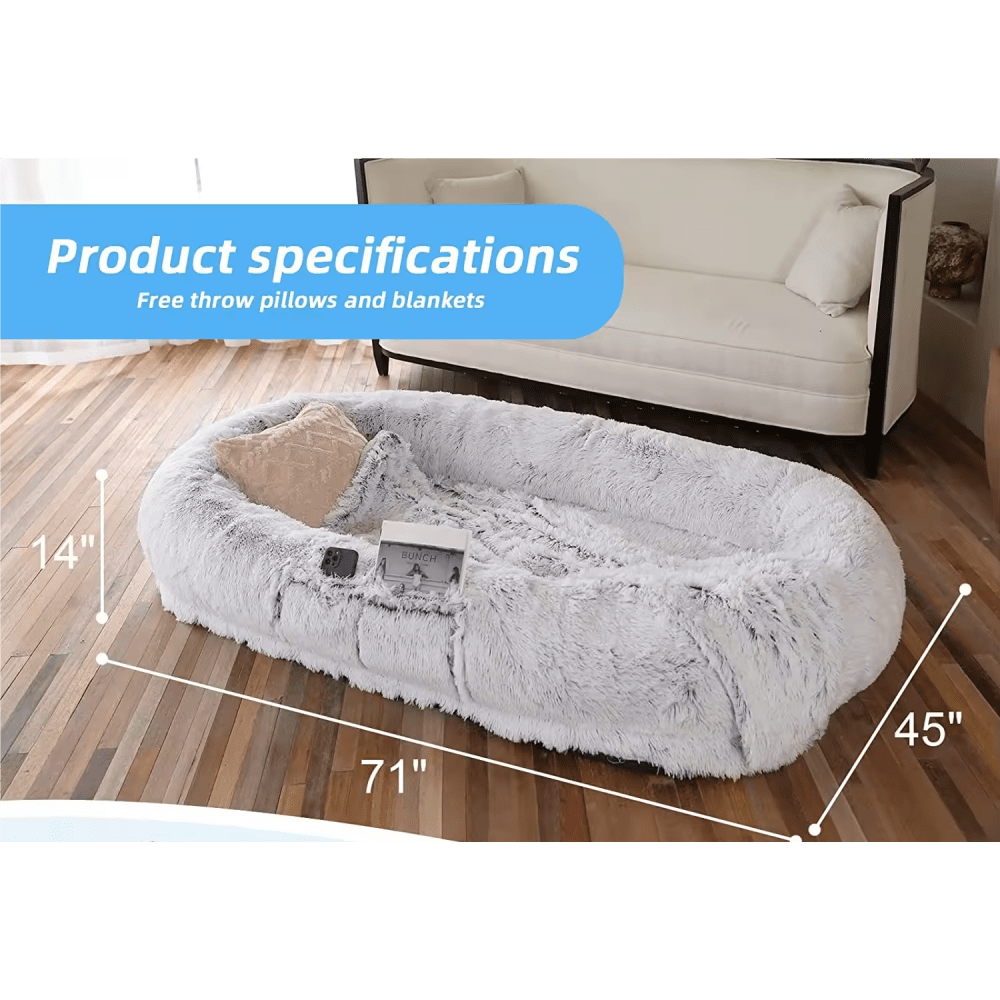 71''x40''x12'' Washable Faux Fur Human And Dog Bed - Orthopedic Comfort For Napping And Relaxing - Stylish Grey Design