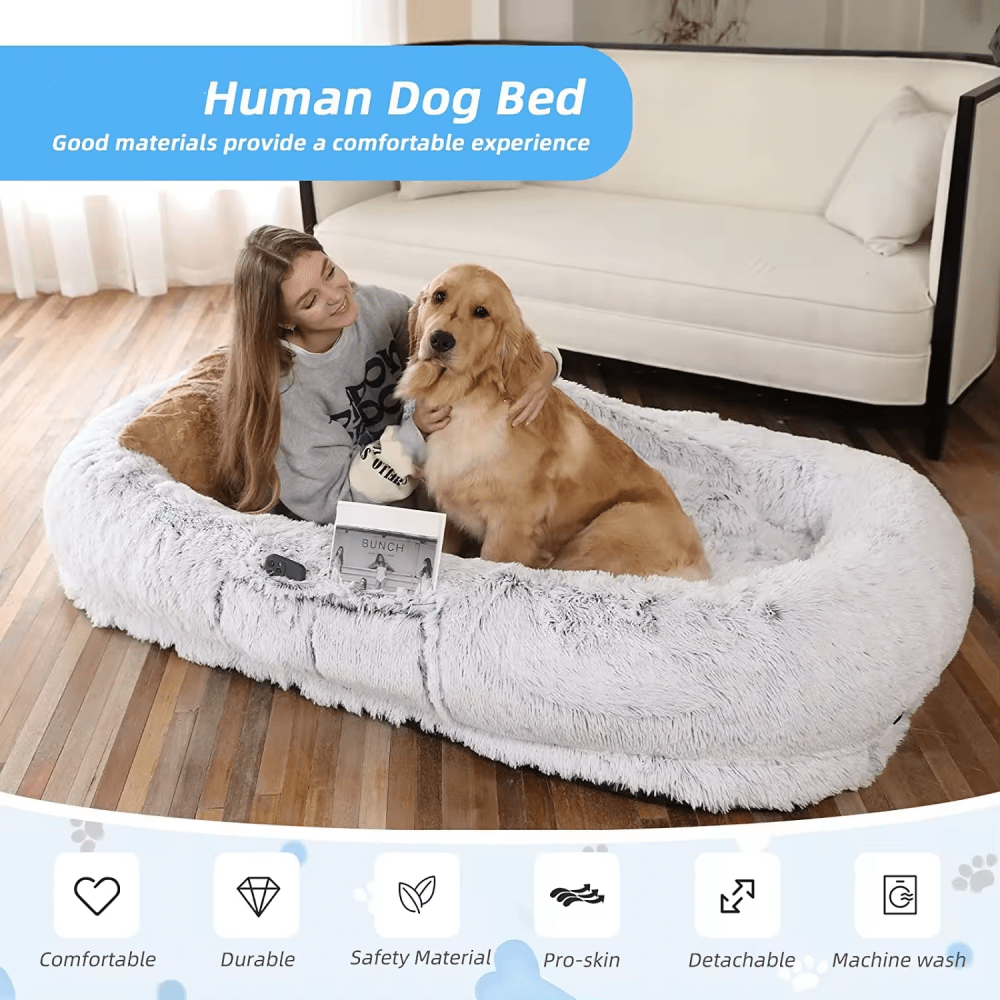 71''x40''x12'' Washable Faux Fur Human And Dog Bed - Orthopedic Comfort For Napping And Relaxing - Stylish Grey Design