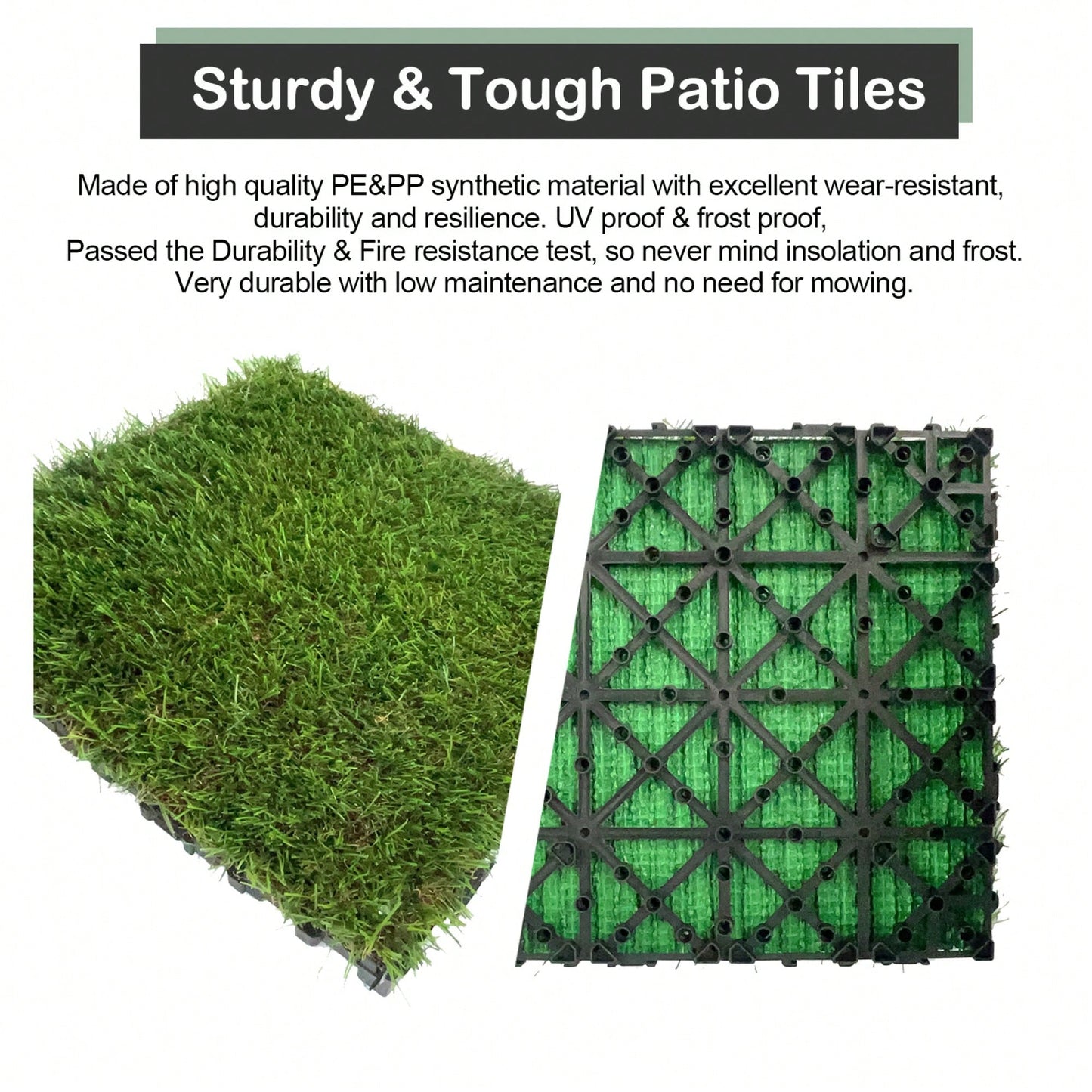 Interlocking Artificial Grass Tiles - 35pcs Self-Draining Fake Turf For Pet Friendly Indoor/Outdoor Flooring, 12x12in Grass Green