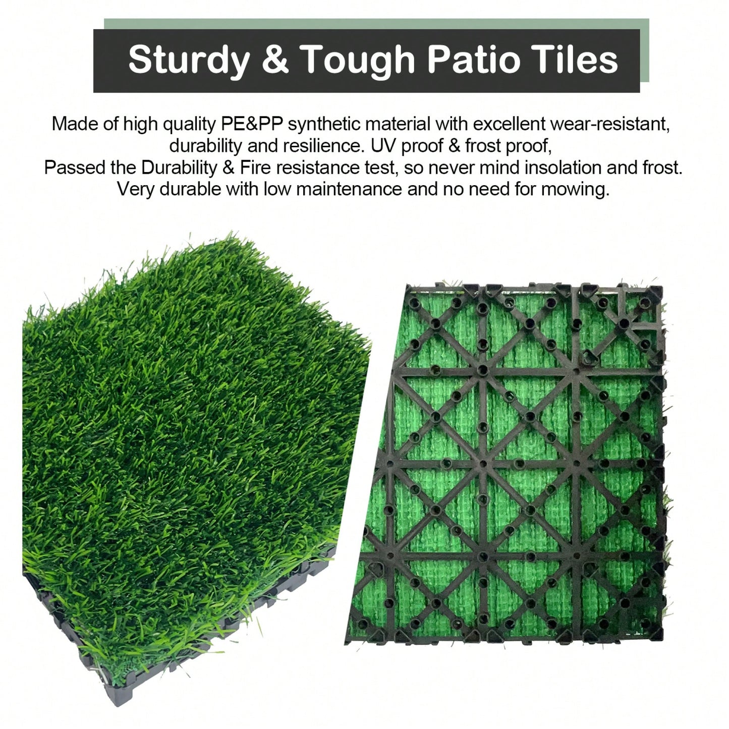 Interlocking Artificial Grass Tiles - 35pcs Self-Draining Fake Turf For Pet Friendly Indoor/Outdoor Flooring, 12x12in Grass Green