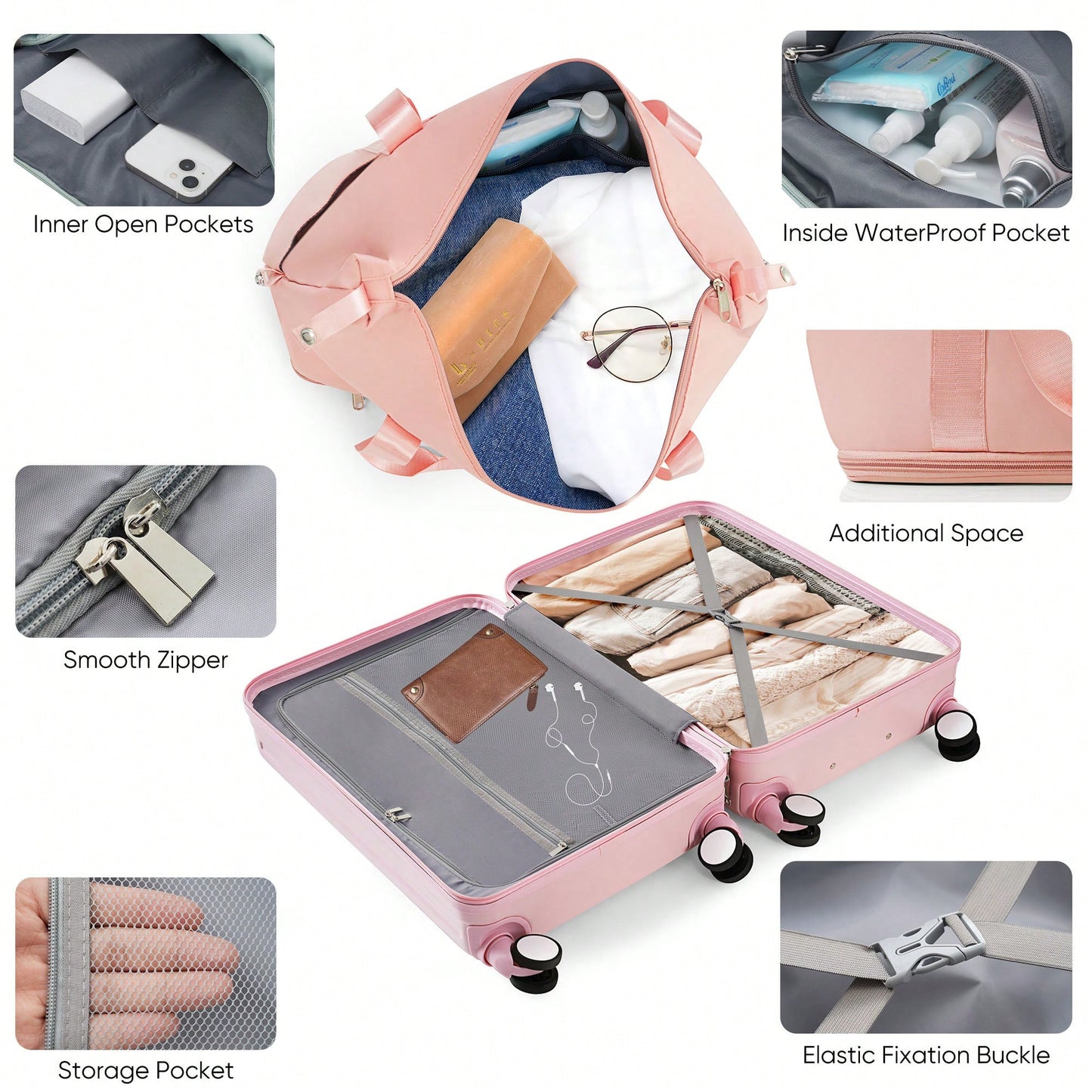 Expandable 4-Piece Luggage Set With USB Port And Cup Holder - Airline Certified Hard Shell Carry-On Bags In Ivory And Gold