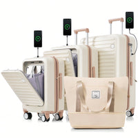 Expandable 4-Piece Luggage Set With USB Port And Cup Holder - Airline Certified Hard Shell Carry-On Bags In Ivory And Gold